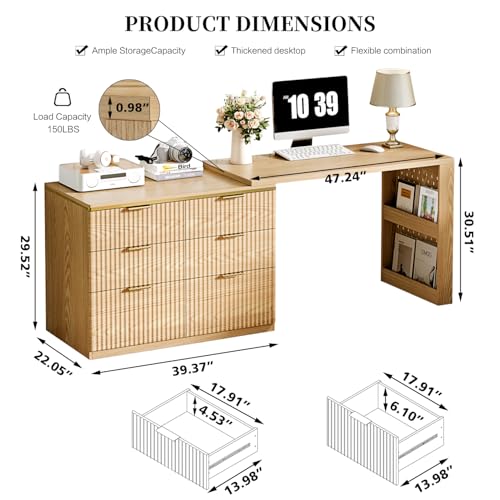 L Shaped Expandable Desk,47" Home Office Desks, Executive, Farmhouse Computer Desk with 6 Drawers File Drawer, Rustic Computer Writing, Oak