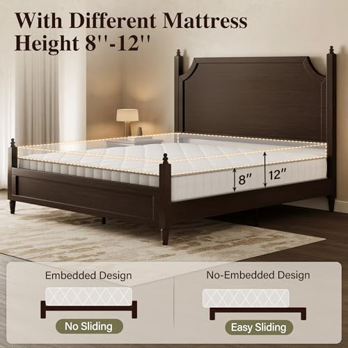 Wood Queen Size Bed Frame with Vintage Curved Headboard, Walnut, view 5
