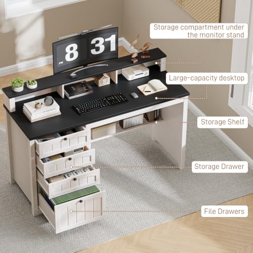 47" Farmhouse Home Office Desk with 4 Drawers, Rustic White and Black, view 5