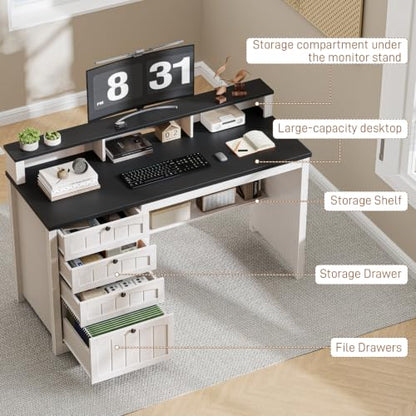 47" Farmhouse Home Office Desk with 4 Drawers, Rustic White and Black, view 5