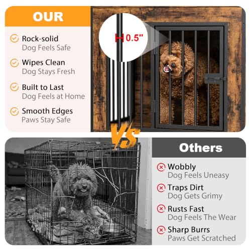 55" Wooden Double Dog Crate Furniture, Removable Divider, Brown, view 5