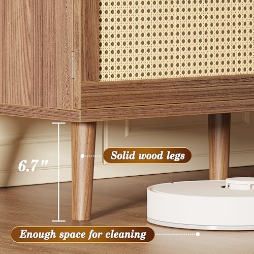 Boho TV Stand for 65 Inch TV, Entertainment Center with Adjustable Shelf, Rattan TV Console with 2 Cabinets, Media Console, Solid Wood Feet, 4 Cord Holes, for Living Room, Walnut