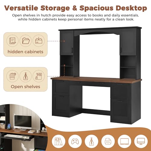 Farmhouse Arched 67" Computer Desk with Power Outlets & Keyboard Tray, view 7