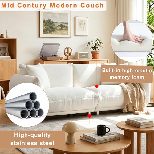 87.4" Oversized Couch, Comfy Mid Century Modern Couch for Living Room, 3-Seater Deep Seat Teddy Sherpa Couch with Metal Legs & 2 Pillows, Cream White Oversized Loveseat Sofa for Apartment, Office