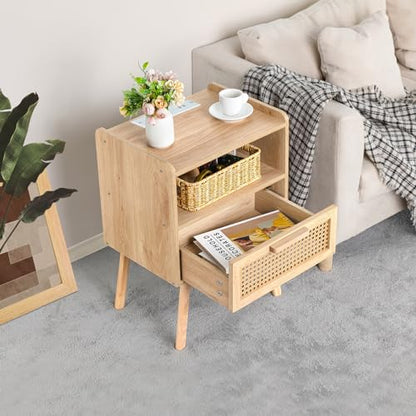 Rattan Nightstand with Charging Station, Boho Side Table with Drawer Open Shelf, Cane Accent Bedside End Table for Bedroom, Dorm and Small Spaces