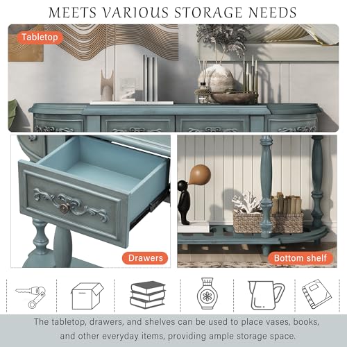 Knocbel Vintage Entry Console Table with 4 Storage Drawers and Open Slatted Shelf, Entryway Hallway Foyer Sofa Table with Legs, Easy Assembly (Antique Blue)