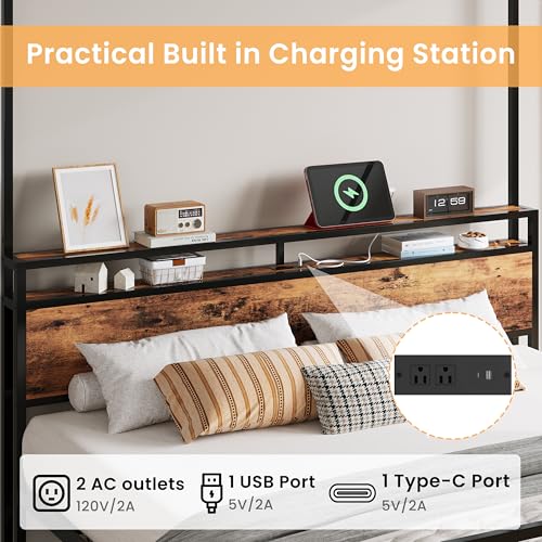 Canopy Bed Frame King with Storage Headboard & Charging Station, view 4