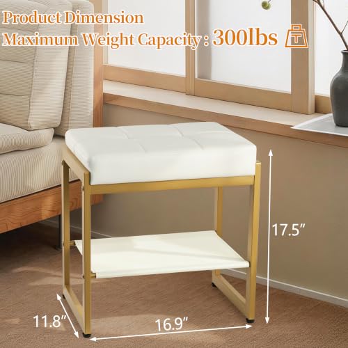 White Gold Vanity Stool, Vanity Chair Stools with a Lower Storage Shelf, Faux Leather Upholstered Ottoman Bench for Bedroom, Living Room, Modern Metal Legs Makeup Chairs