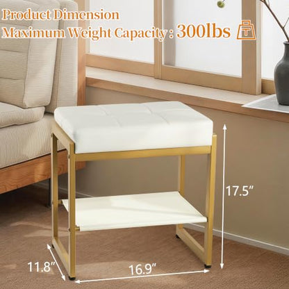 White Gold Vanity Stool, Vanity Chair Stools with a Lower Storage Shelf, Faux Leather Upholstered Ottoman Bench for Bedroom, Living Room, Modern Metal Legs Makeup Chairs