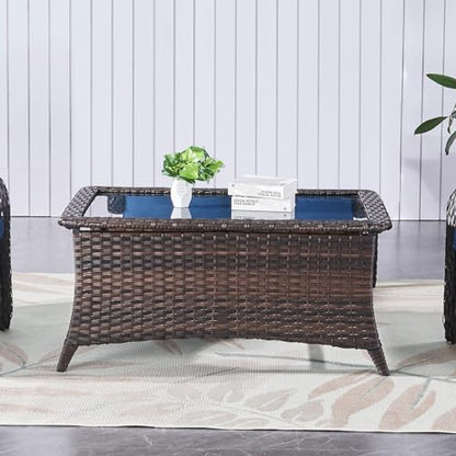 Outdoor Coffee Table with Tempered Glass Top, Patio Rectangular Brown Wicker, Handwoven Rattan Coffee Table Compatible with Patio Furniture Sets for Porch Deck Backyard