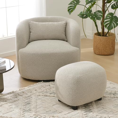 Round Boucle Upholstered Ottoman Chair, Footstool with Soft Padded Seat, Fully Assembled Modern Sofa Couch Footrest, Extra Seating for Bedroom Entryway, Taupe(18.5" D x 23" W x 16.5" H)