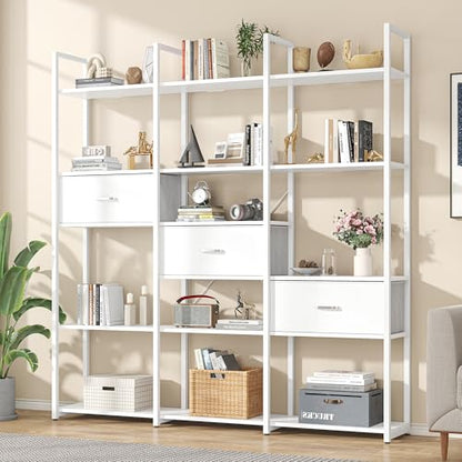 73.6" Tall Bookshelf with 3 Drawers and 16 Storage Shelves, Industrial Bookcase with 16 Open Display Shelves, Large Etagere Bookshelf, Triple Wide Book Shelf Book Case for Home & Office, White