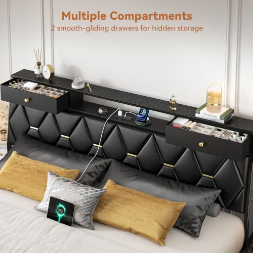 King Size Bed Frame and Headboard & Storage Drawers, PU Leather, view 4