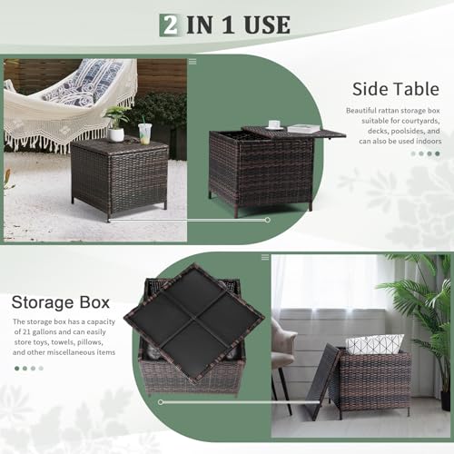 Outdoor Side Table with Storage, 27-Gallon Patio Deck Box Outdoor Wicker Side Table for Poolside Balcony Storage Table (Brown, Square)