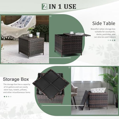 Outdoor Side Table with Storage, 27-Gallon Patio Deck Box Outdoor Wicker Side Table for Poolside Balcony Storage Table (Brown, Square)