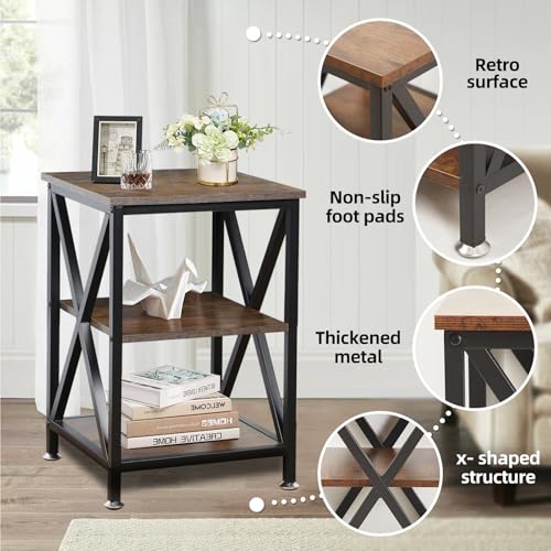 Square End Tables Living Room Set of 2, 16" D x 16" W x 24" H, Rustic Brown | Rustic End Tables Living Room with Storage Shelf, Side Tables with Steel X-Shaped Frame, Farmhouse Nightstand Wood and Metal