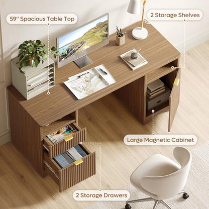 59 inch Office Desk with 2 Drawer, Computer Desk with File Cabinet & 2 Open Storage, Modern Fluted Wood Desk for Home Office Bedroom Study, Natual Oak