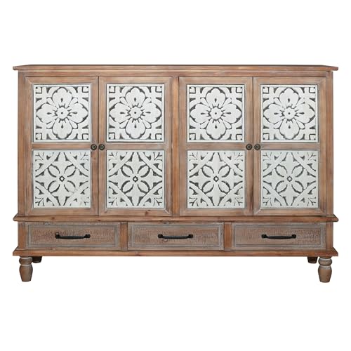 59" Vintage Sideboard Buffet Cabinet with Storage,French Country Sideboard with Carved Doors,Farmhouse Credenza Accent Cabinet, Natural Wood