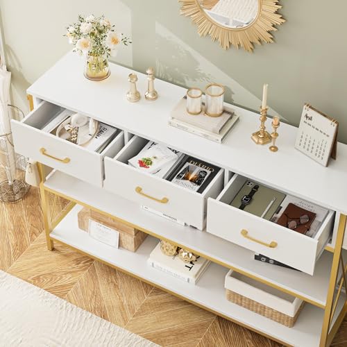 Gold Console Table with Storage, 47.2" Long Entryway Table, White | Narrow Wide Wood Entry way Table w/ 3-Tier Open Shelves, Industrial, Farmhouse Sofa Foyer Table for Hallway, Living Room