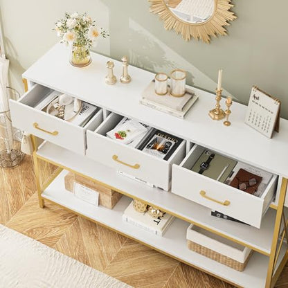 Gold Console Table with Storage, 47.2" Long Entryway Table, White | Narrow Wide Wood Entry way Table w/ 3-Tier Open Shelves, Industrial, Farmhouse Sofa Foyer Table for Hallway, Living Room