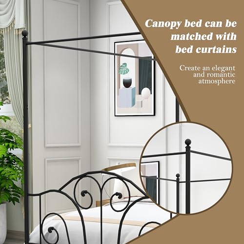 Queen Size Four-Poster Metal Canopy Bed Frame, Black, view 7