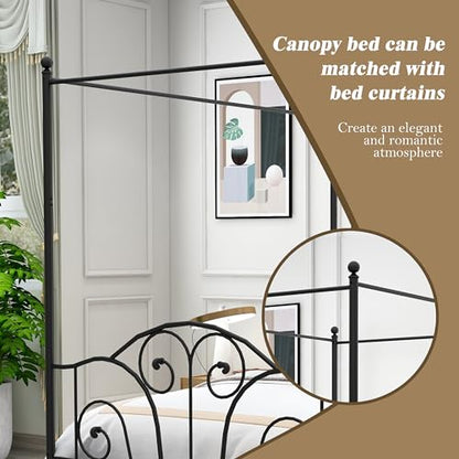Queen Size Four-Poster Metal Canopy Bed Frame, Black, view 7