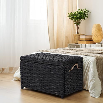 HPM9003D Jacob 31.5" Handwoven Wicker Storage Trunk, Distressed Black, Collapsible for flat storage, for Office, Dorm Room, Entryway, Bedroom, Dining Room