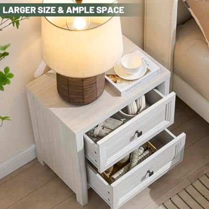White Night Stand with Drawers, Rustic Washed White Nightstand, Farmhouse Bed Side Table for Bedroom, Bedside End Table for Living Room, Bedroom Furniture, Large Storage Wood Nightstand