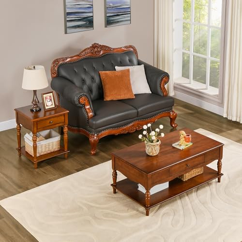 Rectangular Coffee Table with 2 Storage Drawers, Mid-century Solid Wood Living Room Table with Carved Leg, Elegant Vintage Center Table, No-Tools Assembly, 43.3”L x 23.6”W x 18”H Caramel Brown KFZC008