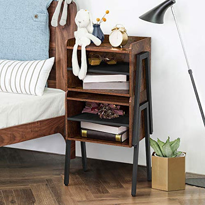 Nightstand Industrial Side End Table/Stackable Accent Furniture with 2-Tier Open Storage Compartments for Bedroom, Living Room and Small Spaces