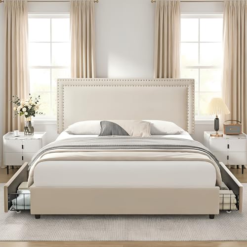Queen Size Upholstered Bed Frame with 4 Storage Drawers, view 5