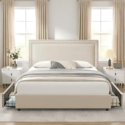 Queen Size Upholstered Bed Frame with 4 Storage Drawers, view 5