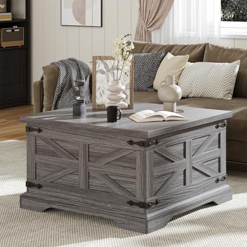 Farmhouse Coffee Table with Storage, Square Center Table for Living Room, Rustic, Hinged Lift Top Soft Close, Wood, Large Hidden Storage, Modern, Metal Corner, Grey