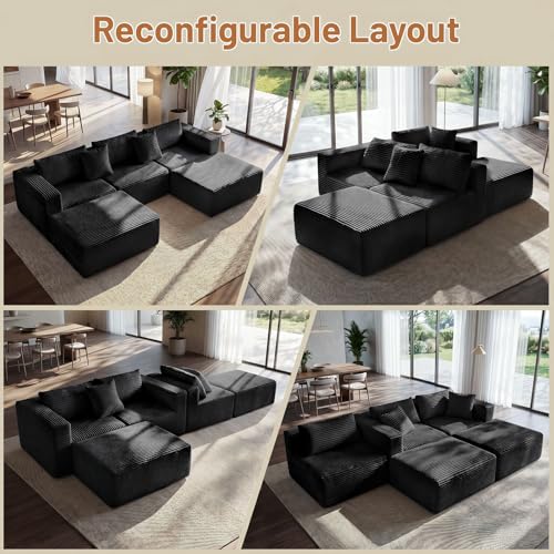 110" Modular Sectional Boneless Sofa with 2 Ottomans, U Shaped Cloud Couch for Living Room, Deep Seat Corduroy Floor Sofa, No Assembly Required, Compressed Couch, 5 Seat, Black