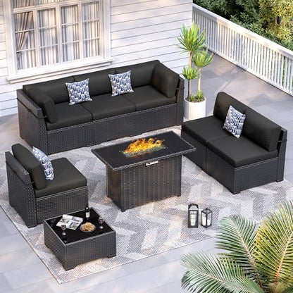 8 Piece Patio Furniture Set with 44” Fire Pit Table All-Weather Wicker Conversation Sectional Sofa & Coffee Table with Thickened Cushions for Backyard, Garden(Black)