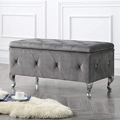 Glam 38 Inches Storage Ottoman Bench for Entryway, Hallway, Living Room, and Bedroom, Upholstered Tufted Faux Leather Ottoman with Storage, Foot Rest and Organizer, Fossil Gray