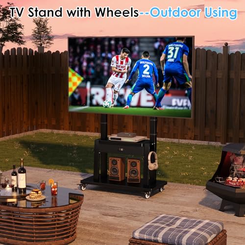 Mobile TV Stand on Wheels for 42-100inch LCD LED Flat/Curved Screen TVs,Rolling TV Cart with Drawer,2 Shelves Adjustable Height,Portable TV Stand Up to 330lbs for Indoor Outdoor Max VESA 600x900mm