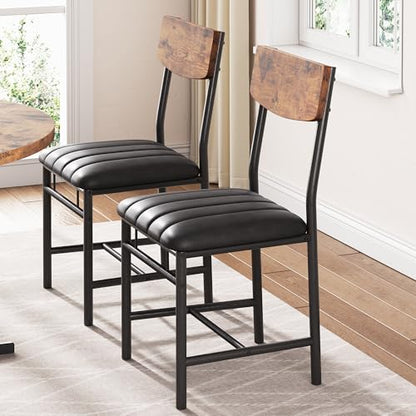 Industrial Dining Chairs Set of 4 - Upholstered Dining Room Chairs with PU Leather, Kitchen Chairs with Wooden Backrest and Thickened Metal Legs, for Dining Room, Living Room（Rustic Brown）