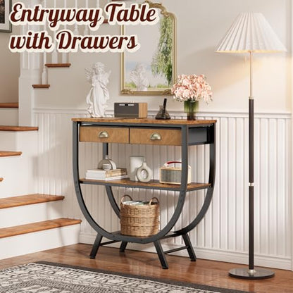 Console Entryway Table with 2 Drawers, 31.5" Height Sofa Table Behind Couch with 3 Tier Storage Shelves，Industrial TV Stand Accent Furniture for Hallway Corner Living Room Bedroom Entry Way Home Decor