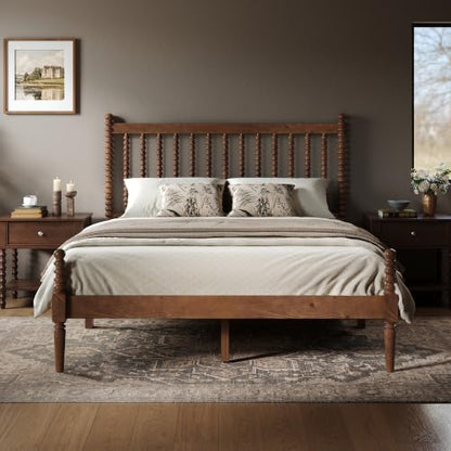 Queen Solid Wood Bed with Bobbin Spindle Headboard, Dark Walnut, view 2