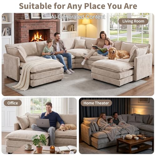 Cloud Couch Oversized Modular Sectional Sofa for Living Room, Modern Chenille 7 Seater Corner Sofa with Deep Seat, Large U-Shaped Couch Set for Spacious Space Apartment, Camel