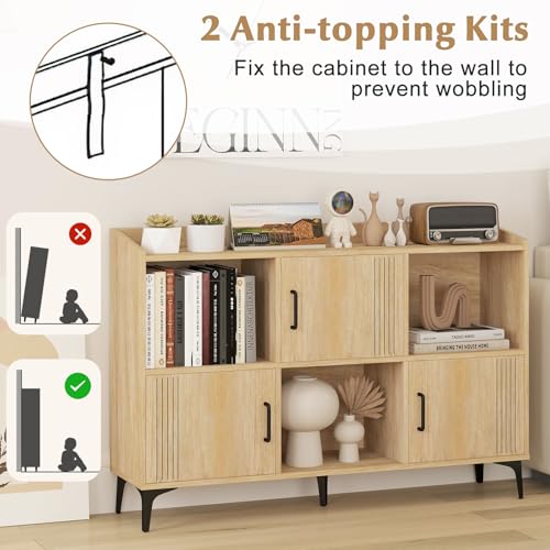 Storage Cabinet, Sideboard with 3 Doors, 3 Open Compartments, Bookcase with 5 Raised Metal Legs, Buffet Table, Bookshelf, Floor Cabinet for Living Room Display, Dining Room, Entryway, Oak