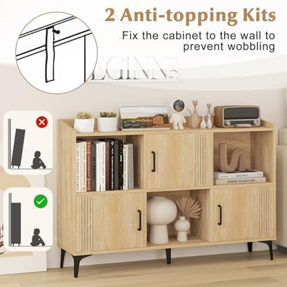 Storage Cabinet, Sideboard with 3 Doors, 3 Open Compartments, Bookcase with 5 Raised Metal Legs, Buffet Table, Bookshelf, Floor Cabinet for Living Room Display, Dining Room, Entryway, Oak