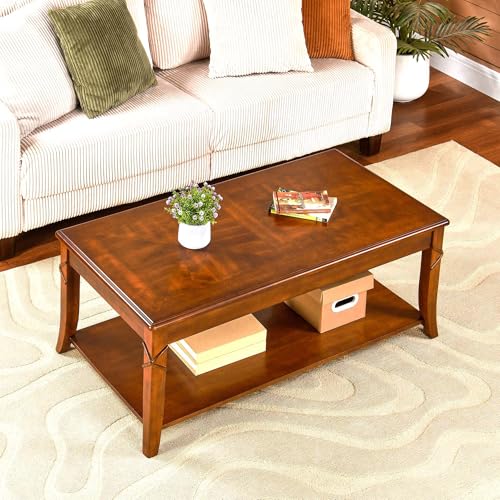 Solid Wood Coffee Table with Storage Shelf, Mid Century Modern Rectangle Coffee Table for Living Room, Large Countertop Center Table, Cherry Walnut KFZ-DR200