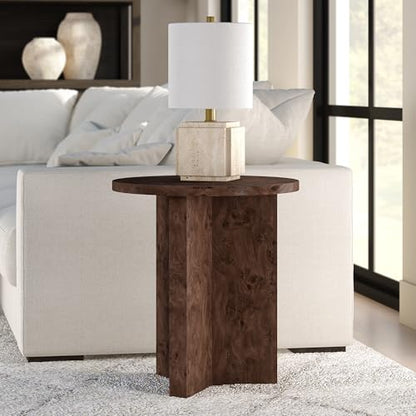 20" Round Side Table, Nightstand, End Table, Walnut Burl | Scandinavian-inspired round end table with an X-base and clean lines for living rooms, offices, or bedrooms