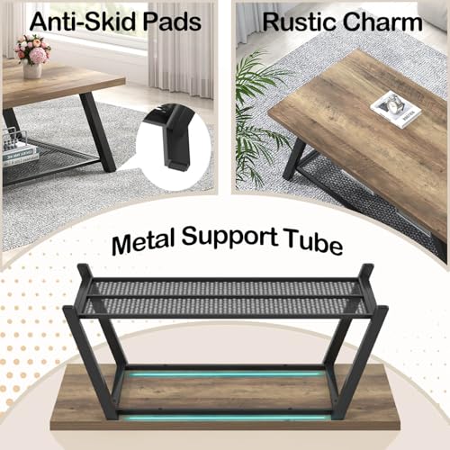 Coffee Table with Storage, Modern Rustic Wood and Metal Coffee Tables for Living Room, Industrial 2-Tier Center Tea Cocktail Table, Oak, 47 Inch