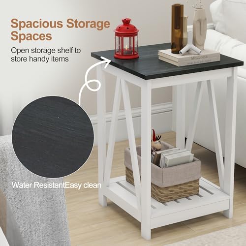 Farmhouse Square End Table, Accent Side Table with Slats Design, Sofa Side Table with Sturdy Frame for Living Room, Oak Black