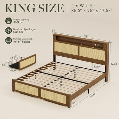 King Size Rattan Bed Frame with 2 Storage Drawers, Wood Bed, Brown, view 3