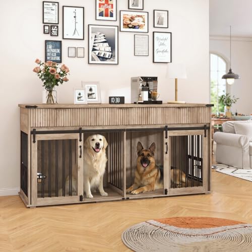 71" XXL Double Dog Crate TV Stand for Large Dogs, Wooden Kennel (Grey Oak), view 3