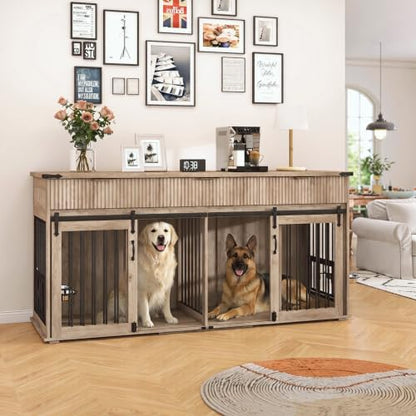 71" XXL Double Dog Crate TV Stand for Large Dogs, Wooden Kennel (Grey Oak), view 3